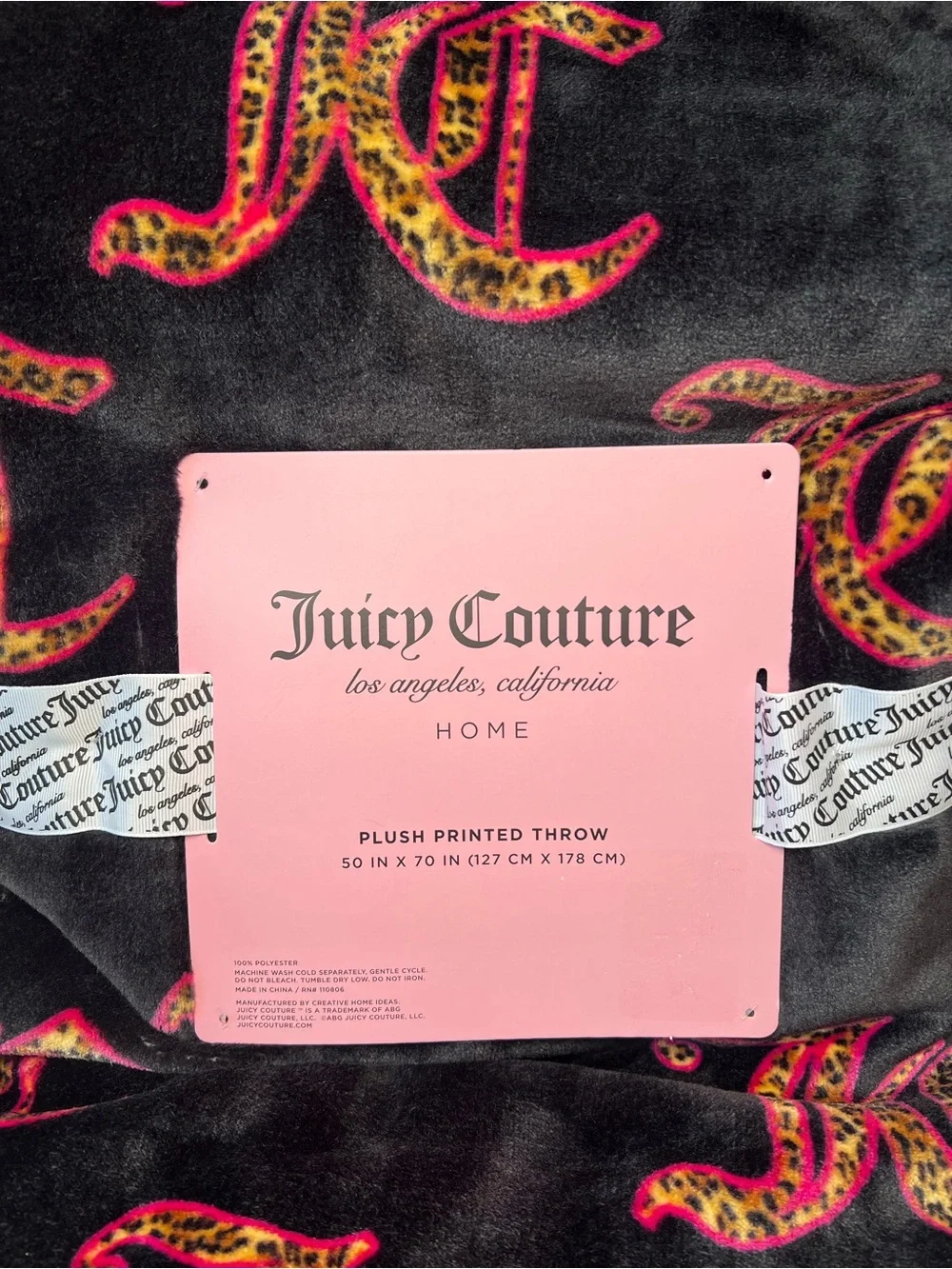 Juicy Couture Plush Throw Blanket Black Pink Leopard Monogram 50x70 Soft Cozy